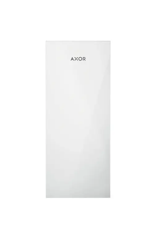 Weiße Wandplatte von AXOR mit glatter Oberfläche, rechteckiger Form, reflektierendem Finish, an einer neutralen Wand platziert.